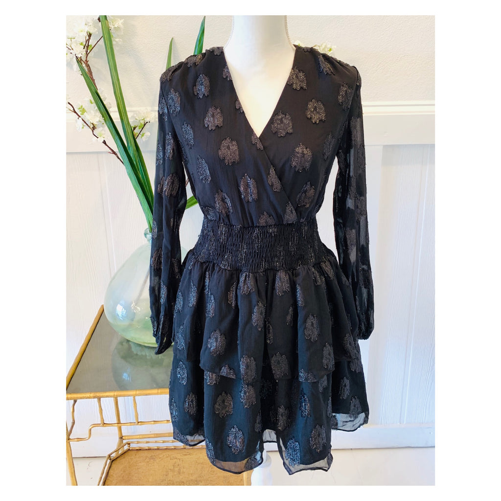 Black V-Neck Long Sleeve Tiered Ruffle Dress with METALLIC Black Accents, Smocked Waist ... Black V-Neck Long Sleeve Tiered Ruffle Dress with METALLIC Black Accents, Smocked Waist ...