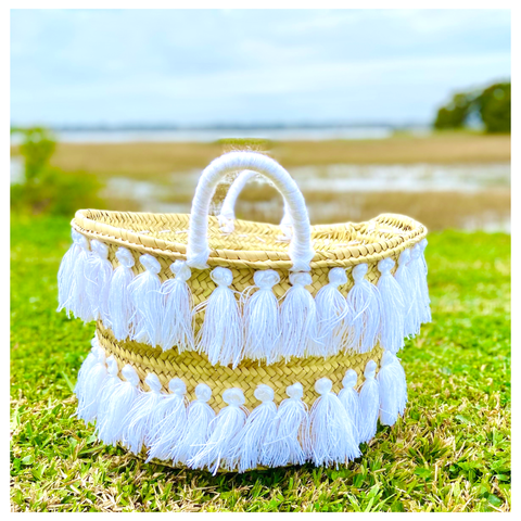 Marrakech Handmade 18” FRINGE TASSEL French Market Straw Bag in PINK or WHITE