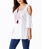 White Cold Shoulder Tassel Top with Pink and Grey Embroidery