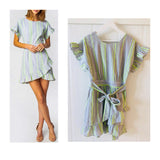 Grey & Neon Stripe Flutter Sleeve Dress with Ruffle Hem & Self Tie Waist