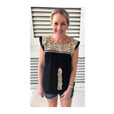 Black & Taupe Embroidered Textile Top