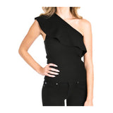 Black Ribbed Knit One Shoulder Ruffle Top