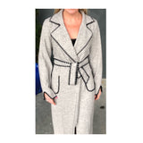 Grey Soft Knit Belted Duster Jacket with Black Embroidery Detail, V-Cut Sleeve Hem & Front Pockets