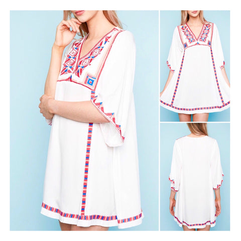 White Magenta Cerulean Blue Embroidered Beach Tunic / Coverup