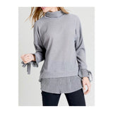 Grey Knit Turtleneck with Gingham Tie Sleeve & Shirttail Hem Contrast