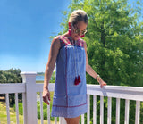 Blue Stripe Sleeveless Shift Dress with Vibrant Fuschia Embroidery and Tassel Ties