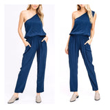 Navy One Shoulder Jumpsuit with Pockets
