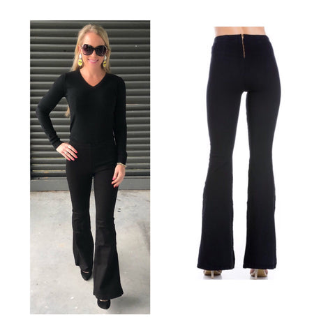 Black Flare Leg High Rise Jeans with Gold Exposed Back Zip