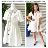 White Ruffled Puff Sleeve A-Line Dress with Black Wavy Embroidered Trim