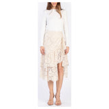 Ivory Lace Tiered Ruffle Hem Midi Skirt with Banded Waist