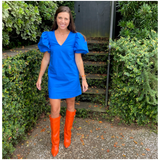 Blue or Black Cotton Puff Sleeve Cabo Dress with Optional Belt Sash