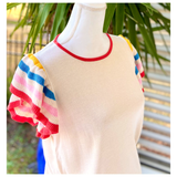 Ivory & Rainbow Stripe Fine Knit Sweater Top with Banded Waist