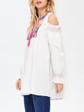 White Cold Shoulder Embroidered Tunic Top with Pink Tassels