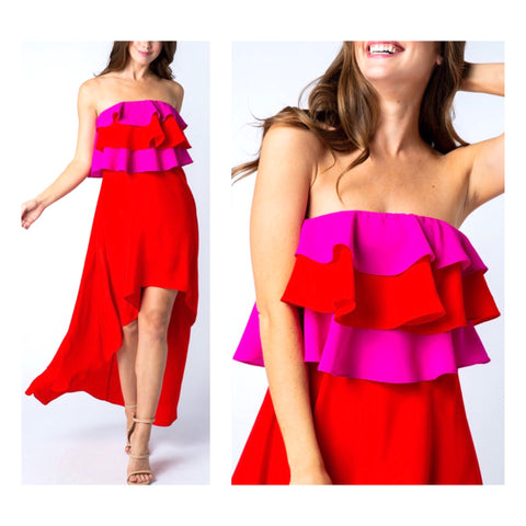 Fuchsia & Red Strapless Layered Ruffle Bust High Low Maxi Dress