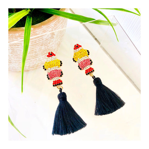 Multicolor Pave CRYSTAL Koi Earrings with Black Silk Tassel
