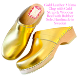 Gold Leather Malmo Clog with Gold Strap & Wooden Heel with Rubber Sole, Handmade in Sweden