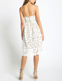 White Laser Cut Lace Spaghetti Strap Dress with Back Zip and Nude Underlay