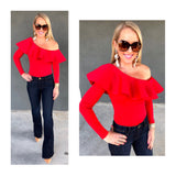 Bright Red OR Black One Shoulder Long Sleeve Bodysuit with Scuba Material Ruffle