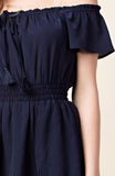 Navy Blue Off the Shoulder Tassel Tie Dress with Elastic Waist - FINAL SALE -