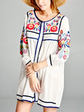 White 3/4 Sleeve Embroidered Button Down Tunic Dress