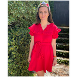 Red Cotton Ruffle Trim Sarah Dress with Optional Rope Belt