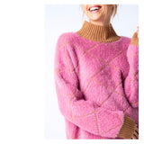 Pink & Camel Fuzzy Knit Mock Neck Slightly Oversized Sweater