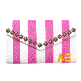 Hand Beaded Custom Navy, Pink Cabana Stripe OR Palm Leaf Bags with Optional Chain