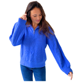 Lucia Cashmere Blend Pointelle Knit Quarter Zip Sweater in French Blue & Lavender