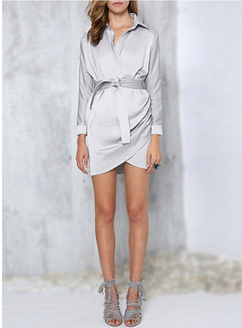 Silky Silver Collared Faux Wrap Dress with Belt Tie