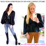 Black Vegan Leather Balloon Sleeve Peplum Top with Ivory Contrast Stitching