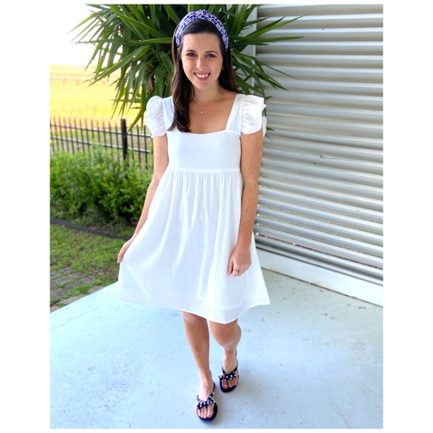 White Flutter Sleeve Shift Dress