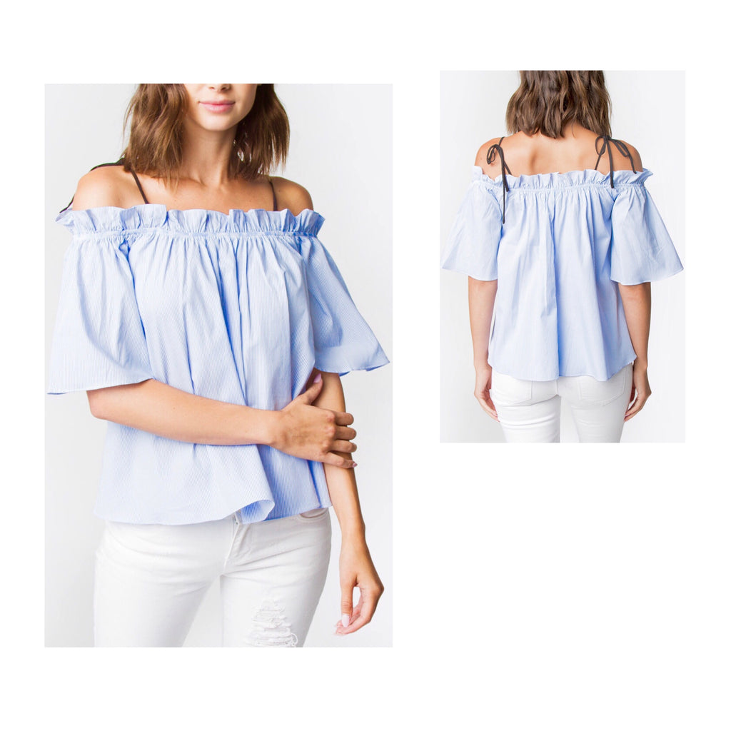 Blue White Pinstripe Off the Shoulder Ruffle Bell Sleeve Top with Black ...