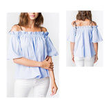 Blue White Pinstripe Off the Shoulder Ruffle Bell Sleeve Top with Black Shoulder Ties