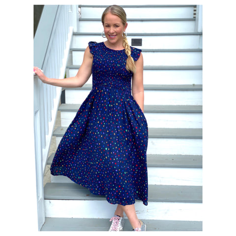 Navy & Multicolor Confetti Smocked Bodice Flutter Sleeve Midi Dress with Keyhole Back & POCKETS - James Ascher Navy & Multicolor Confetti Smocked Bodice Flutter Sleeve Midi Dress with Keyhole Back & POCKETS - James Ascher