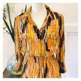Black Marigold Teal & METALLIC GOLD Lurex Smocked Waist & Sleeve Geometric Ruffle Hem Flare Dress