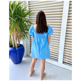 Azure Blue, RED or PINK Puff Sleeve Poplin Dress with Smocked Back