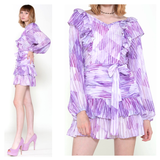 Purple & Lavender Ruffle Trim Designer Inspired Chiffon Dress with Shirred Drop Waist