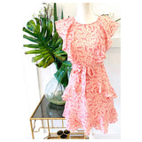 Pink on Pink Woven Floral A-Line Dress with Cascading Ruffles & Belt Sash