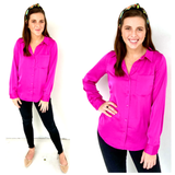 Hot Pink Satin Button Down High Low Hem Top