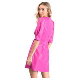 Hot Pink Puff Sleeve PU Leather Shift Dress with Shirred Front