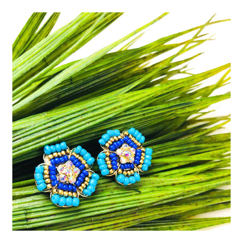 Royal Blue & Turquoise Flower Stud Earrings