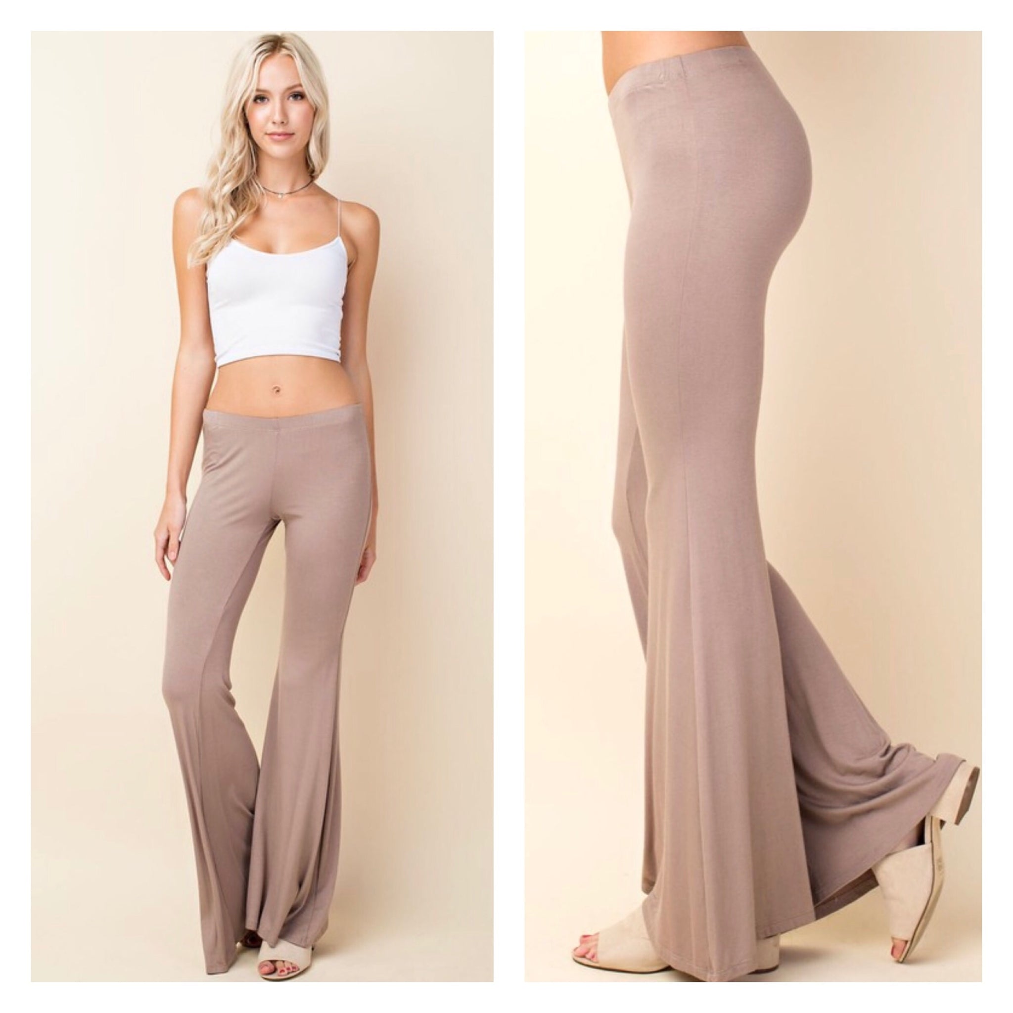 Mocha Soft Knit Bell Bottom Elastic Waist Pants - James Ascher