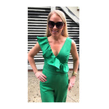Kelly Green Ruffle Knit Jumpsuit with Banded Waist