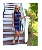 Navy Plaid Tweed Shirttail Back A-Line Shift Dress with Self Tie Belt