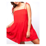 Tomato Red Textured Linen Tiered Dress with Shoulder Ties