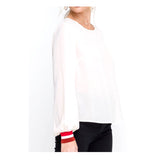 Ivory Blouse with Red Contrast Cuff Sleeves & Self Tie Semi Open Back