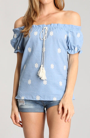 Chambray Off the Shoulder Embroidered Top with Tassel Tie