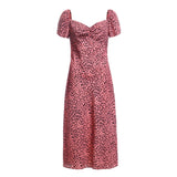 Blush Leopard Print Sweetheart Neckline Midi Dress with Subtle Puff Sleeves