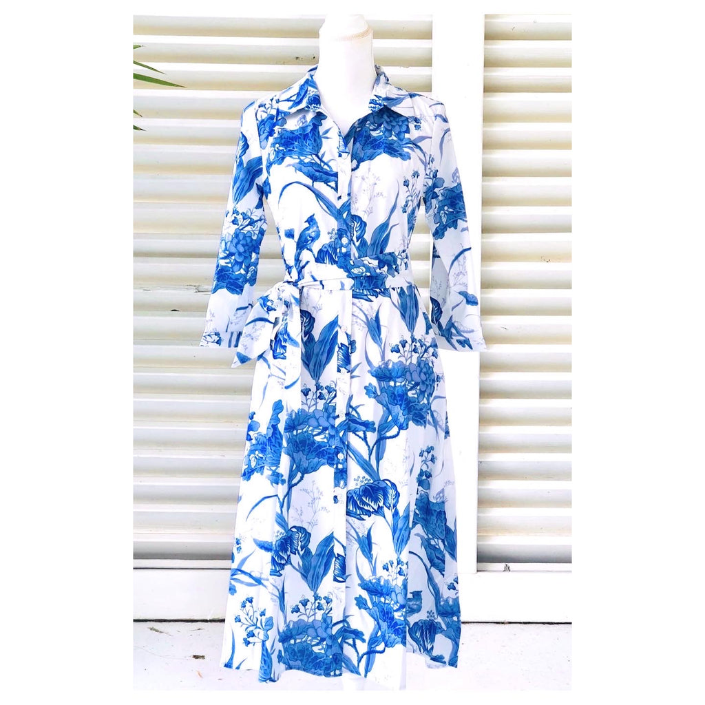 Blue & Ivory Button Down Floral Print A-Line Dress with Belt Sash - James Ascher Blue & Ivory Button Down Floral Print A-Line Dress with Belt Sash - James Ascher