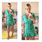 Green Floral Smocked Ruffle Hem Puff Sleeve Dress